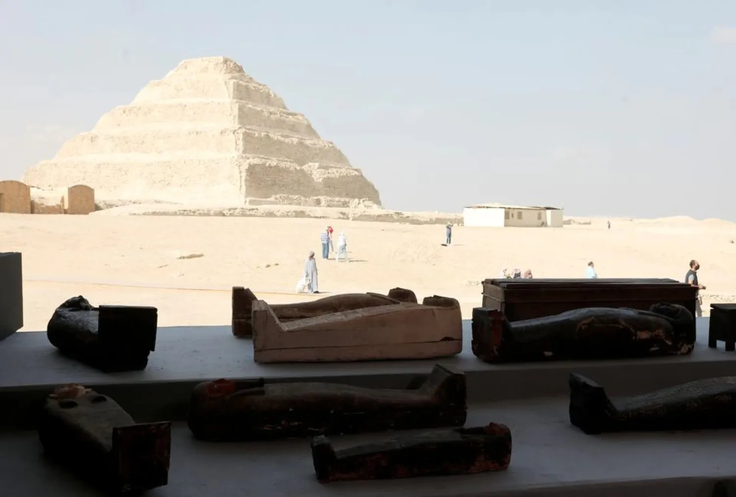 Sarcophaguses that are around 2,500 years old, from the newly discovered burial site near Egypt’s Saqqara necropolis, are seen during a presentation in Giza, Egypt November 14, 2020. (Reuters)