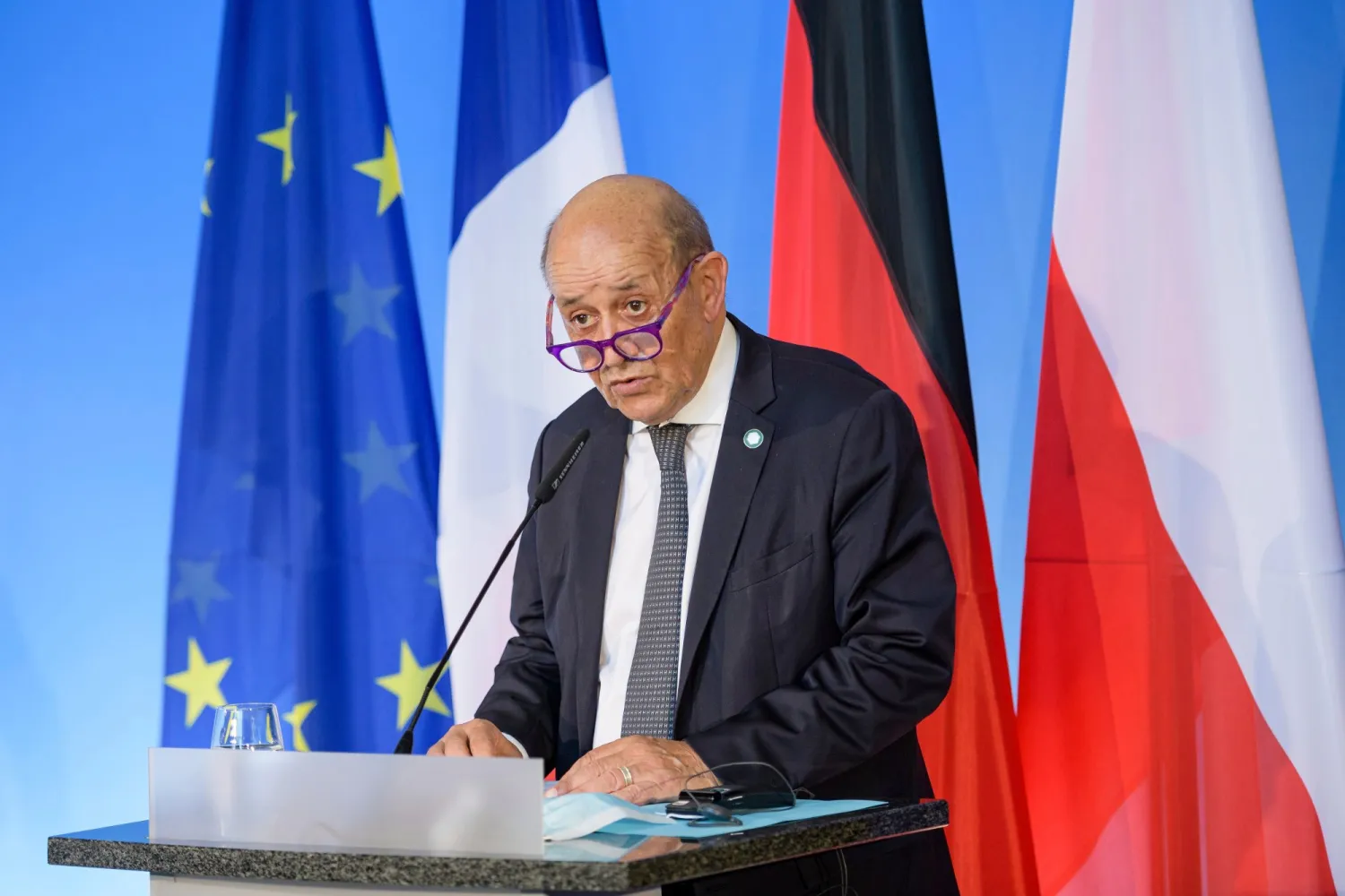French Foreign Minister Jean-Yves Le Drian attends a joint news conference at the Bauhaus University in Weimar, Germany September 10, 2021. Jens Schlueter/Pool via REUTERS


