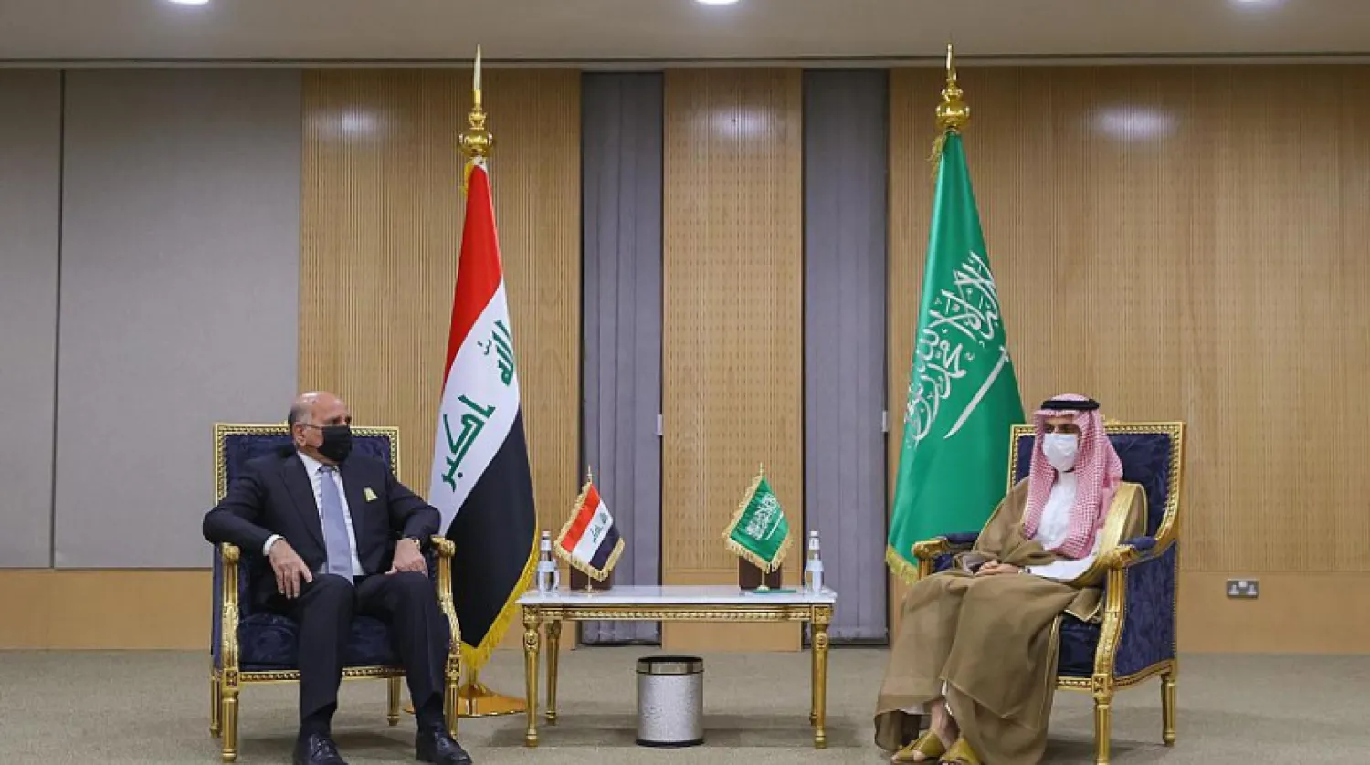 Saudi Arabia’s Foreign Minister Prince Faisal bin Farhan meets with his Iraqi counterpart Fuad Hussein. SPA 