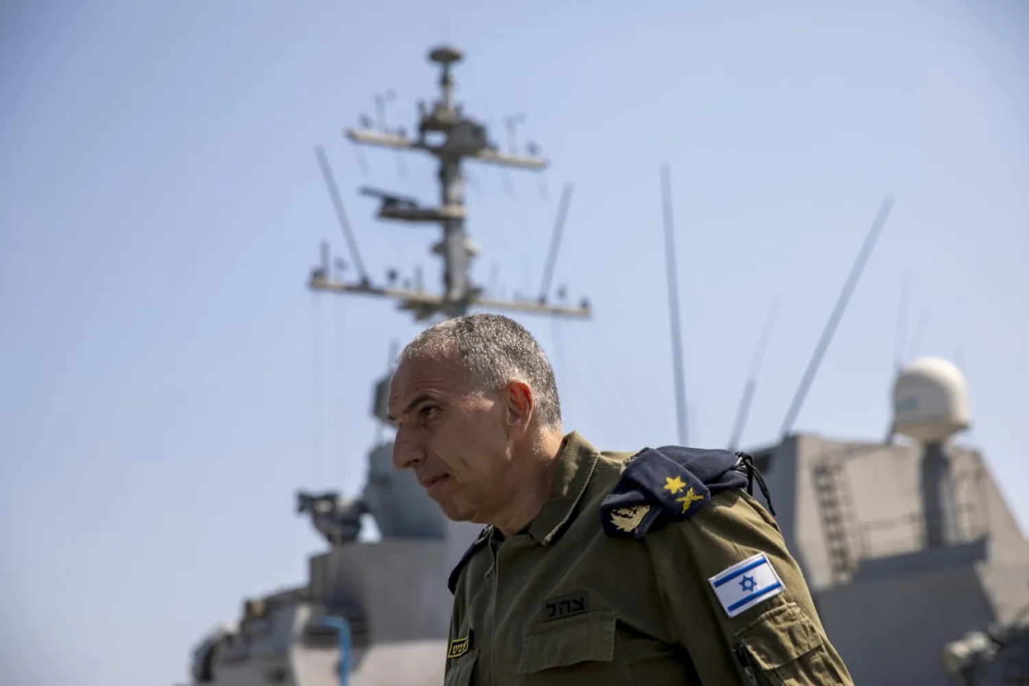 Vice Adm. Eli Sharvit arrives on board the Israeli Navy Ship Atzmaut in the Mediterranean Sea, September 1, 2021. (AP Photo/Ariel Schalit)