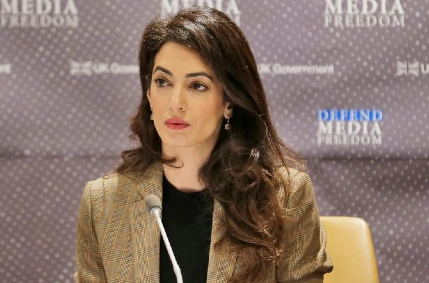 In this Wednesday, Sept. 25, 2019 file photo, attorney Amal Clooney listens during a panel discussion on media freedom at United Nations headquarters. (AP)