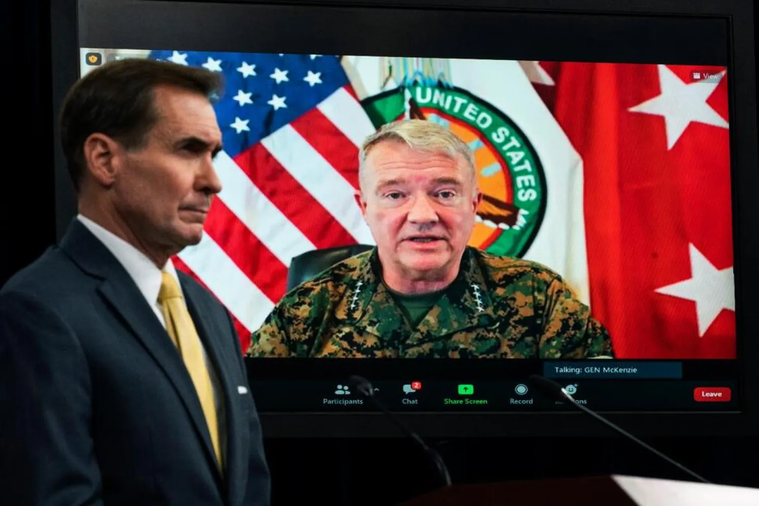 In this Aug. 30, 2021, file photo Gen. Frank McKenzie, Commander of US Central Command, appears on screen as he speaks from MacDill Air Force Base, in Tampa, Fla. (AP)