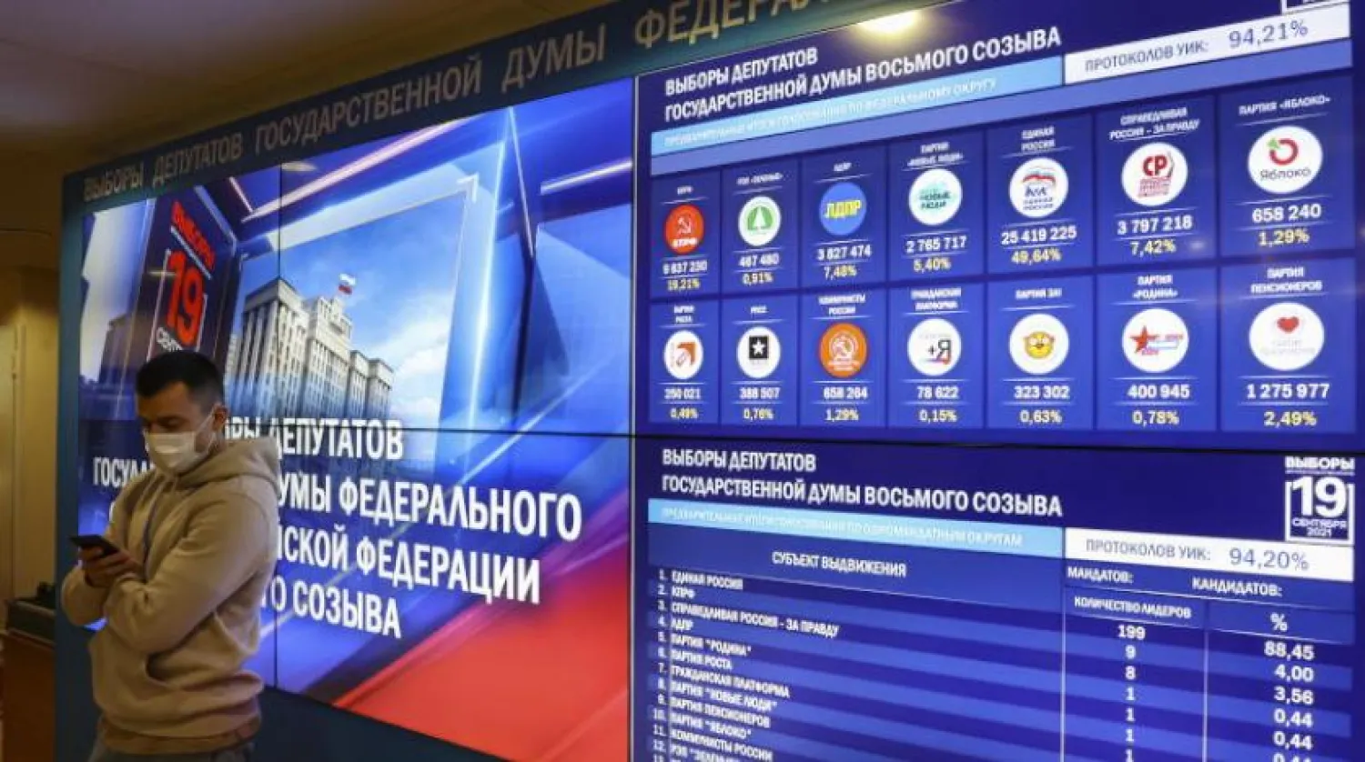 Moskova’daki Rusya Merkez Seçim Komisyonu’nda oylama sonuçlarını gösteren bir ekranın önünde duran bir adam (EPA)