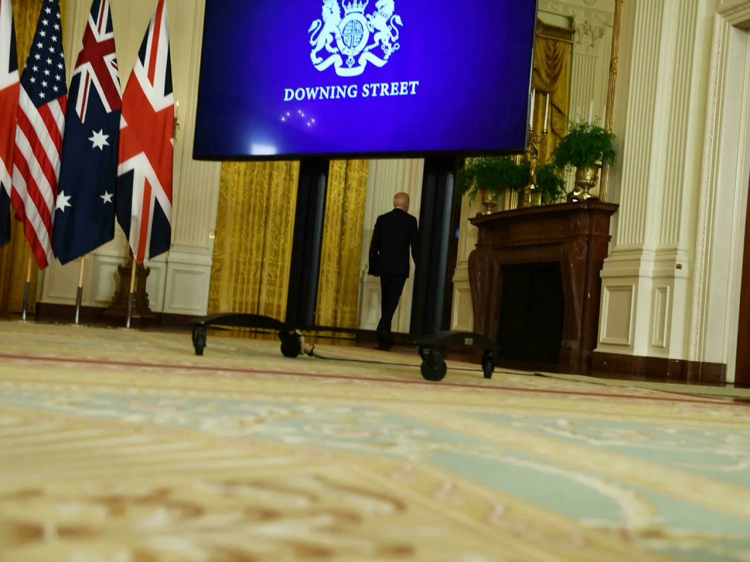US President Joe Biden leaves after a virtual press conference on national security with British Prime Minister Boris Johnson and Australian Prime Minister Scott Morrison in the East Room of the White House in Washington, DC, on September 15, 2021 Brendan Smialowski AFP
