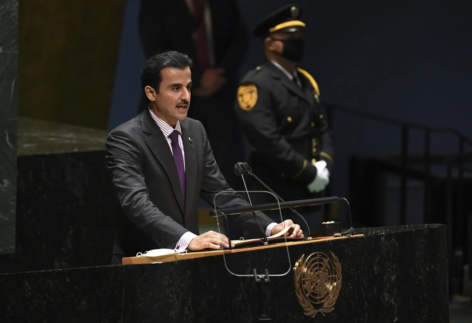 Sheikh Tamim bin Hamad Al Thani, Emir of Qatar, addresses the 76th Session of the UN General Assembly at United Nations headquarters in New York, on Tuesday, Sept. 21, 2021 (AP)