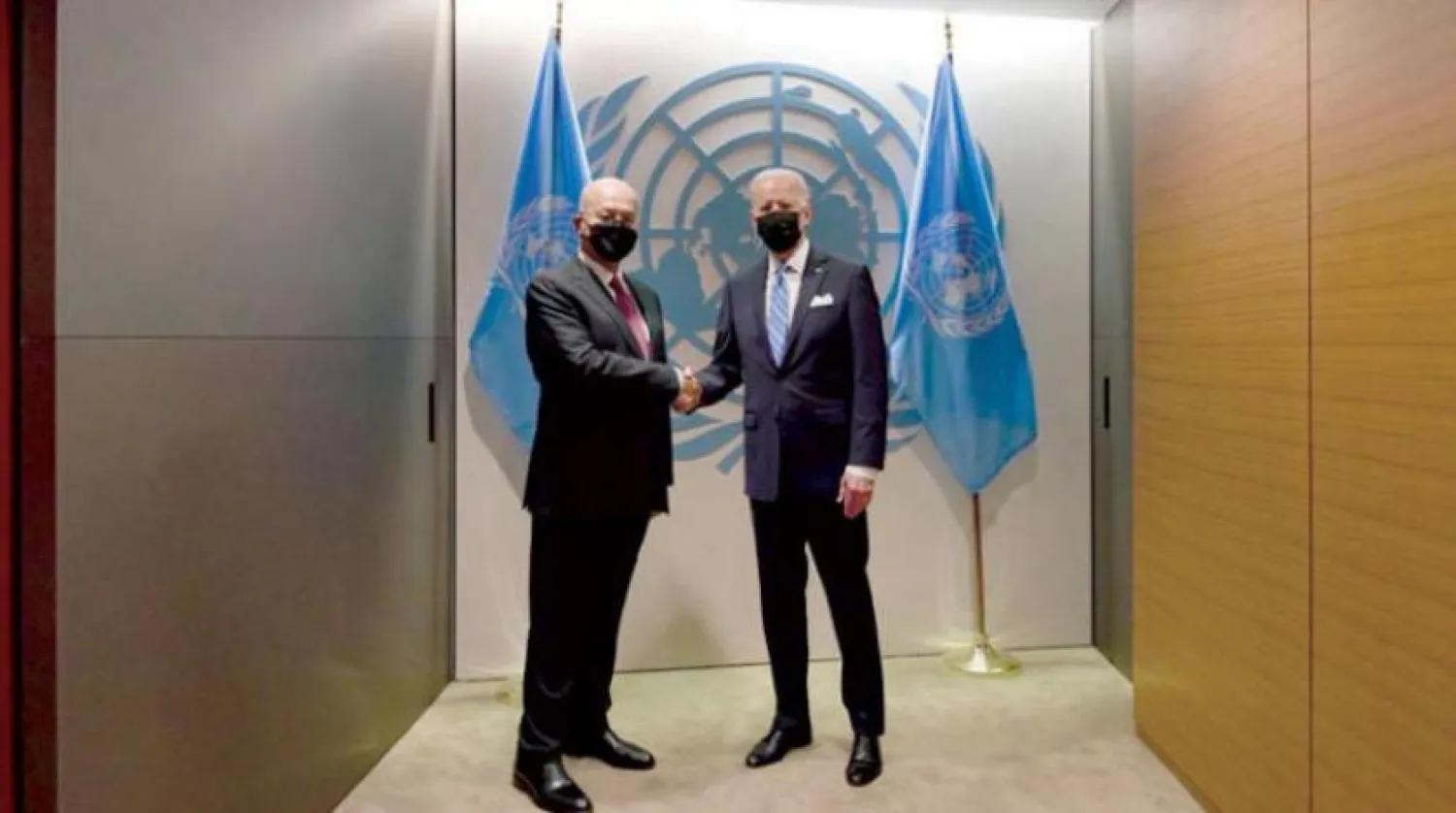  Presidents Biden and Saleh during their meeting in New York on the sidelines of the United Nations General Assembly on Tuesday, September 21, 2021. (US Embassy in Baghdad) 
