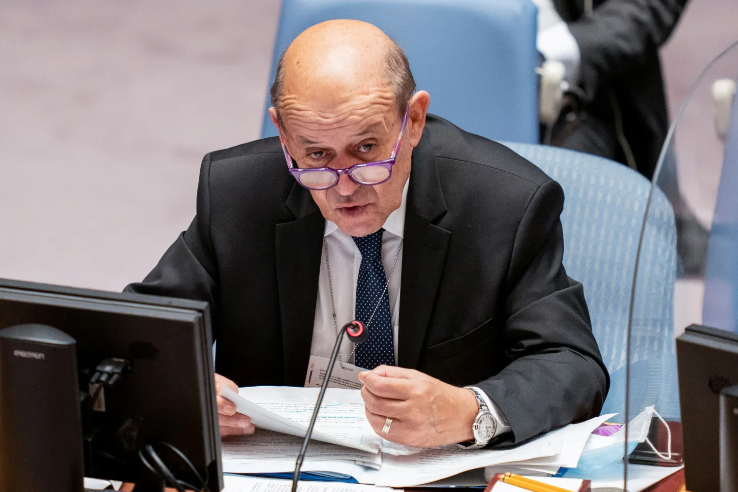 French Foreign Minister Jean-Yves Le Drian speaks during a meeting of the United Nations Security Council at the 76th Session of the UN General Assembly in New York, US September 23, 2021. Reuters