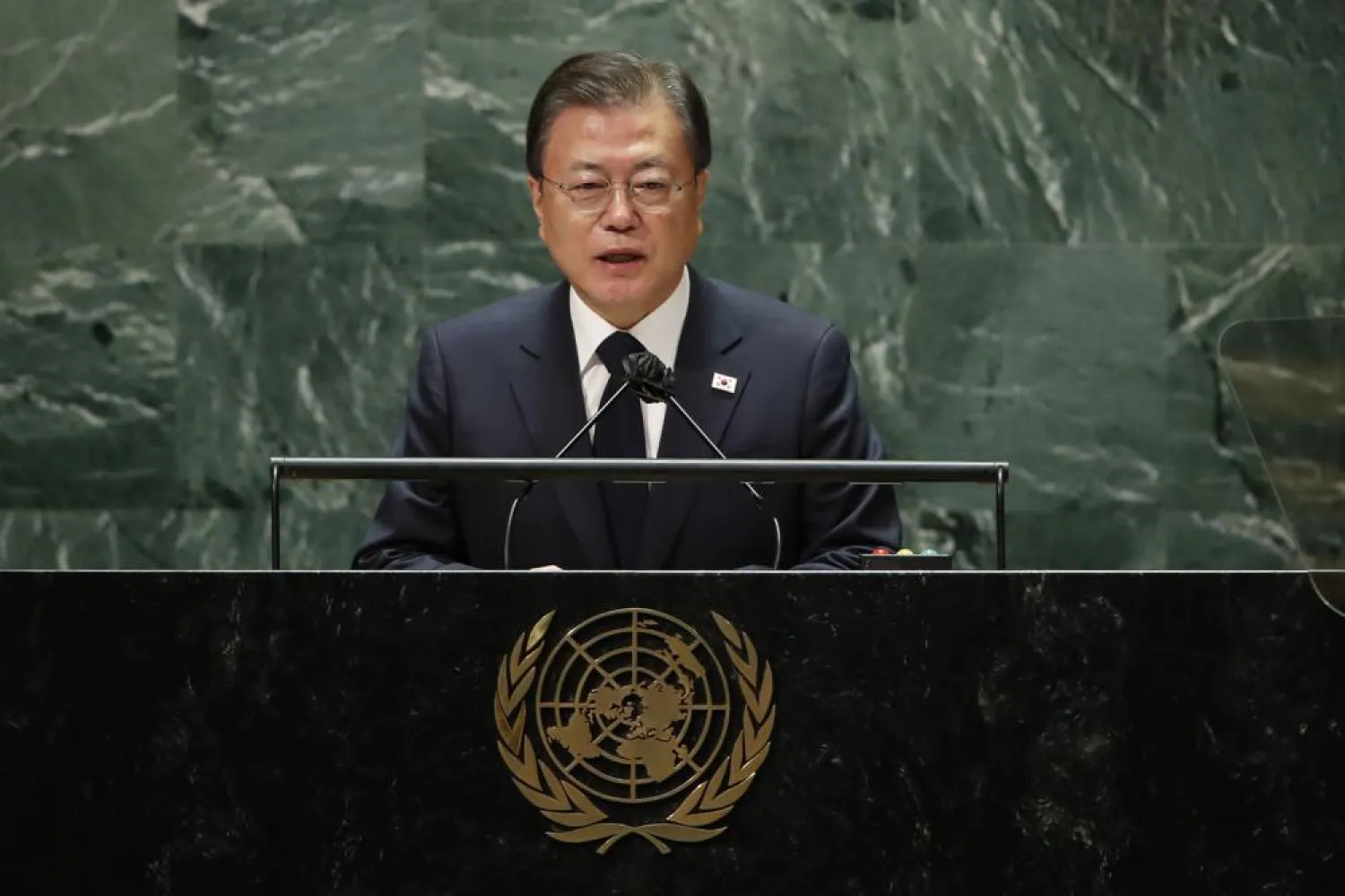 FILE - In this Sept. 21, 2021, file photo, South Korea's President Moon Jae-in addresses the 76th Session of the UN General Assembly. (Eduardo Munoz/Pool Photo via AP, File)
