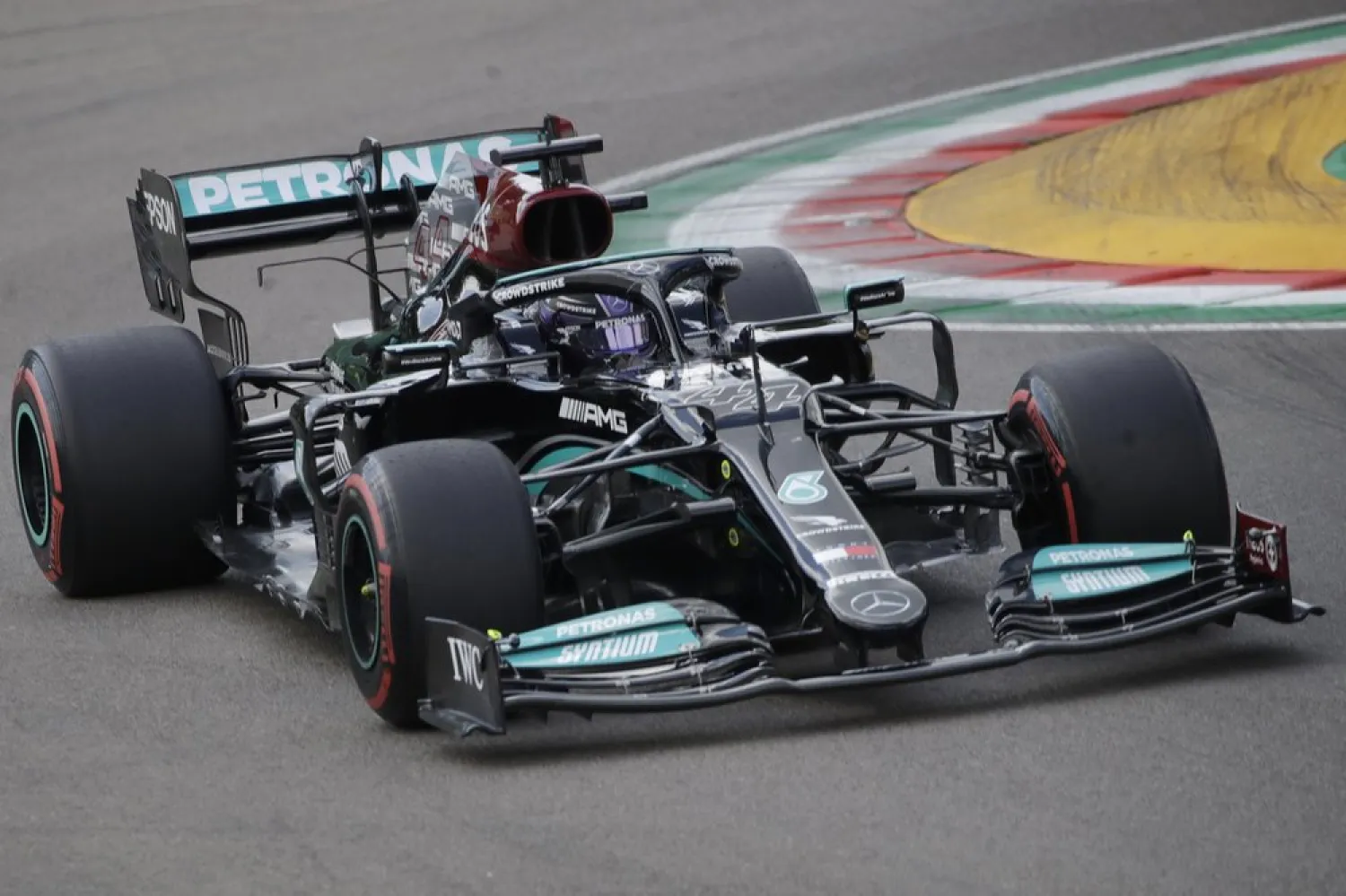 Mercedes driver Lewis Hamilton of Britain steers his car during qualifying practice for Sunday's Emilia Romagna Formula One Grand Prix, at the Imola track, Italy, Saturday, April 17, 2021. (AP Photo/Luca Bruno)

