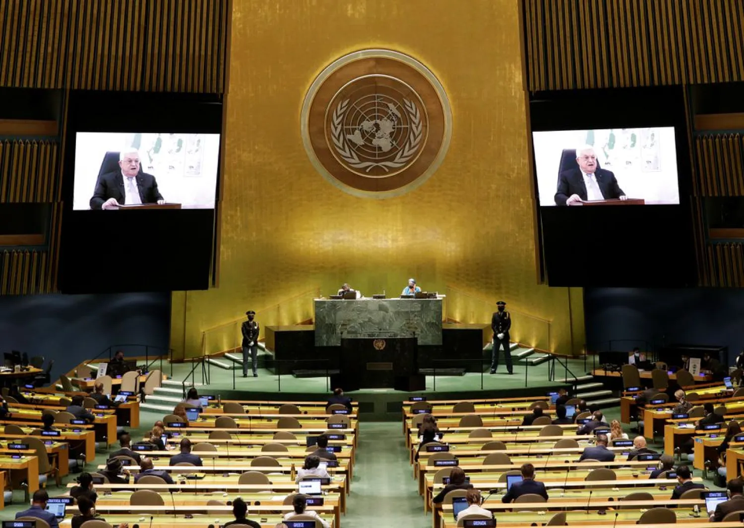 Mahmoud Abbas, President, State of Palestine delivers a speech remotely at the UN General Assembly 76th session General Debate in UN General Assembly Hall at the United Nations Headquarters on Friday, September 24, 2021 in New York City. (Reuters)