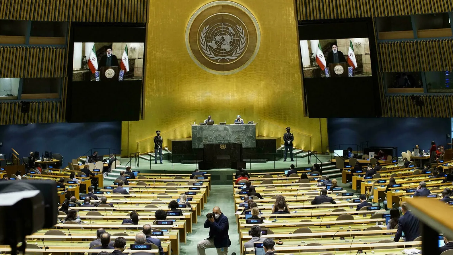 Iran President Ebrahim Raisi remotely addresses the 76th Session of the UN General Assembly via video-link on September 21, 2021 in New York. (AFP)