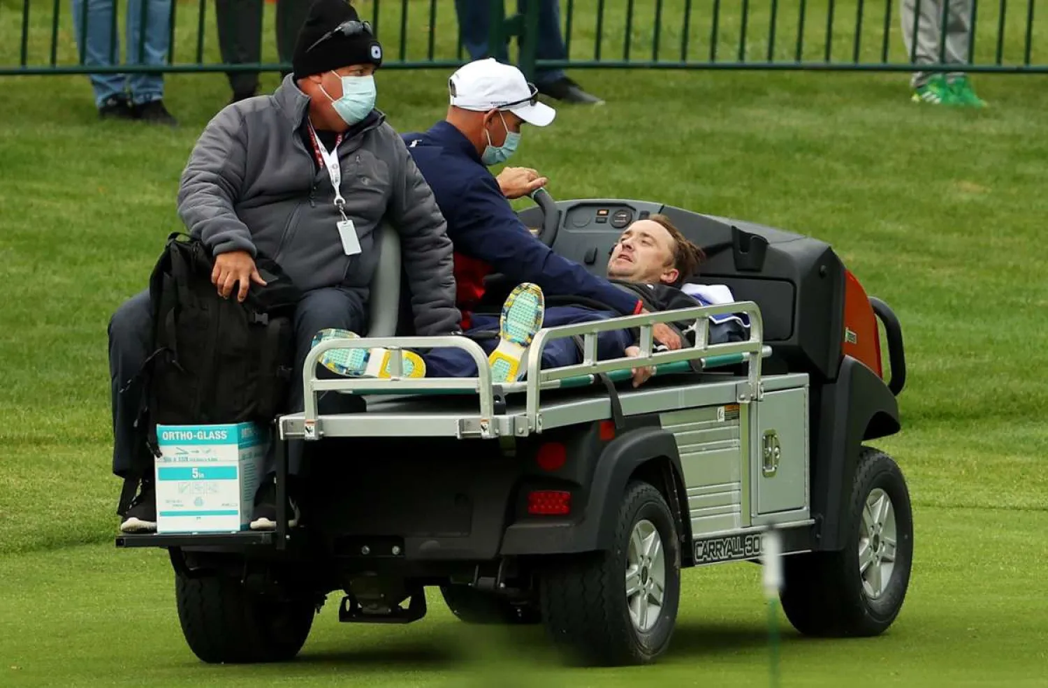 Actor Tom Felton is carted off the course after collapsing during the celebrity matches ahead of the 43rd Ryder Cup at Whistling Straits Andrew Redington. GETTY IMAGES NORTH AMERICA/AFP
