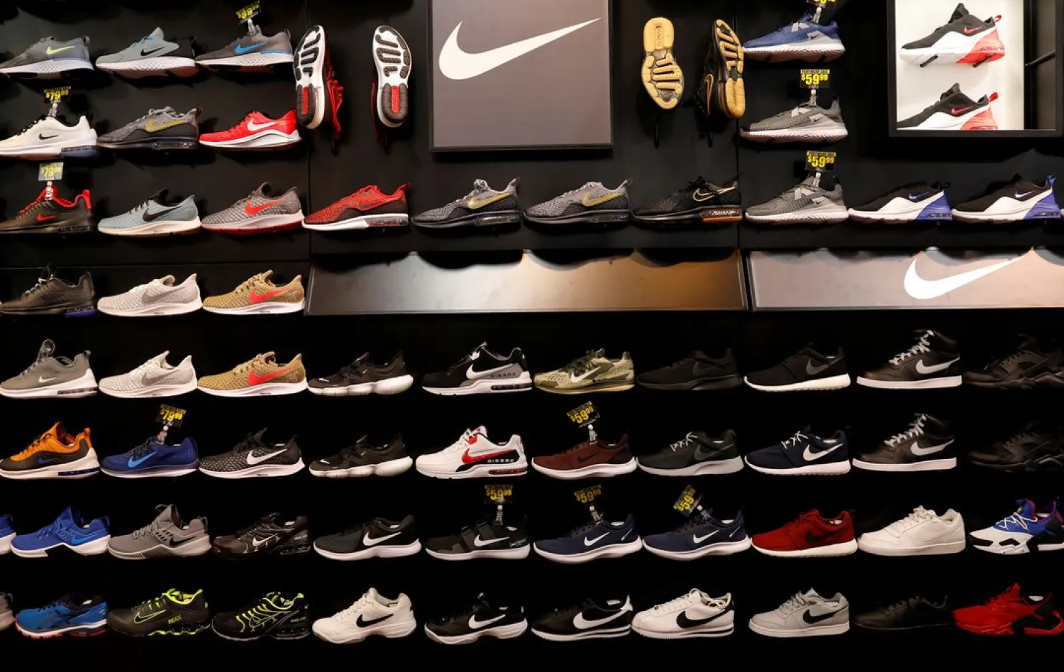 Nike shoes are seen displayed at a sporting goods store in New York City, New York, US, May 14, 2019. (Reuters)