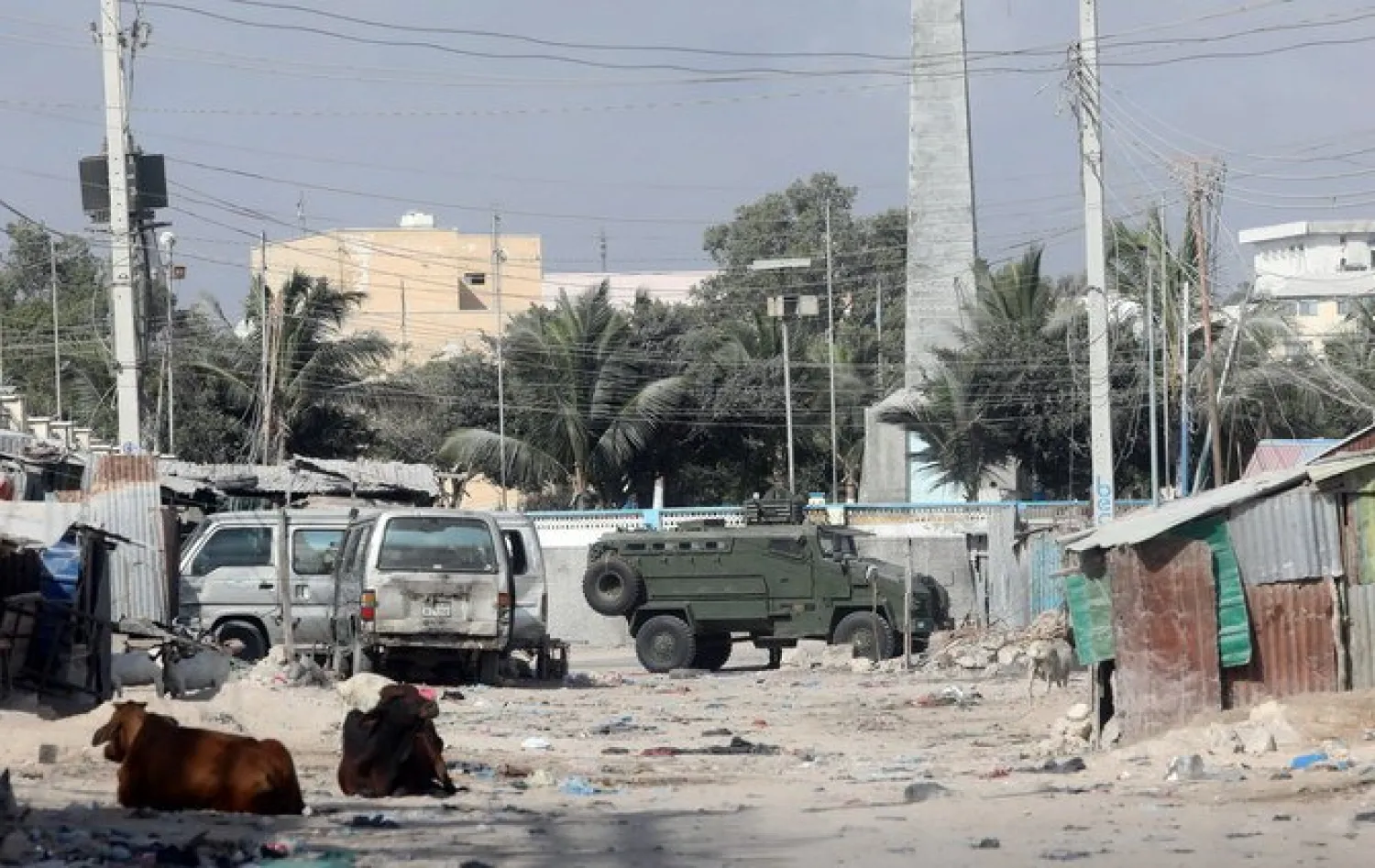 An armoured personnel carrier (APC) drives on a sealed off street to prevent a protest over delayed elections in Mogadishu, Somalia, on February 19, 2021. (Reuters)
