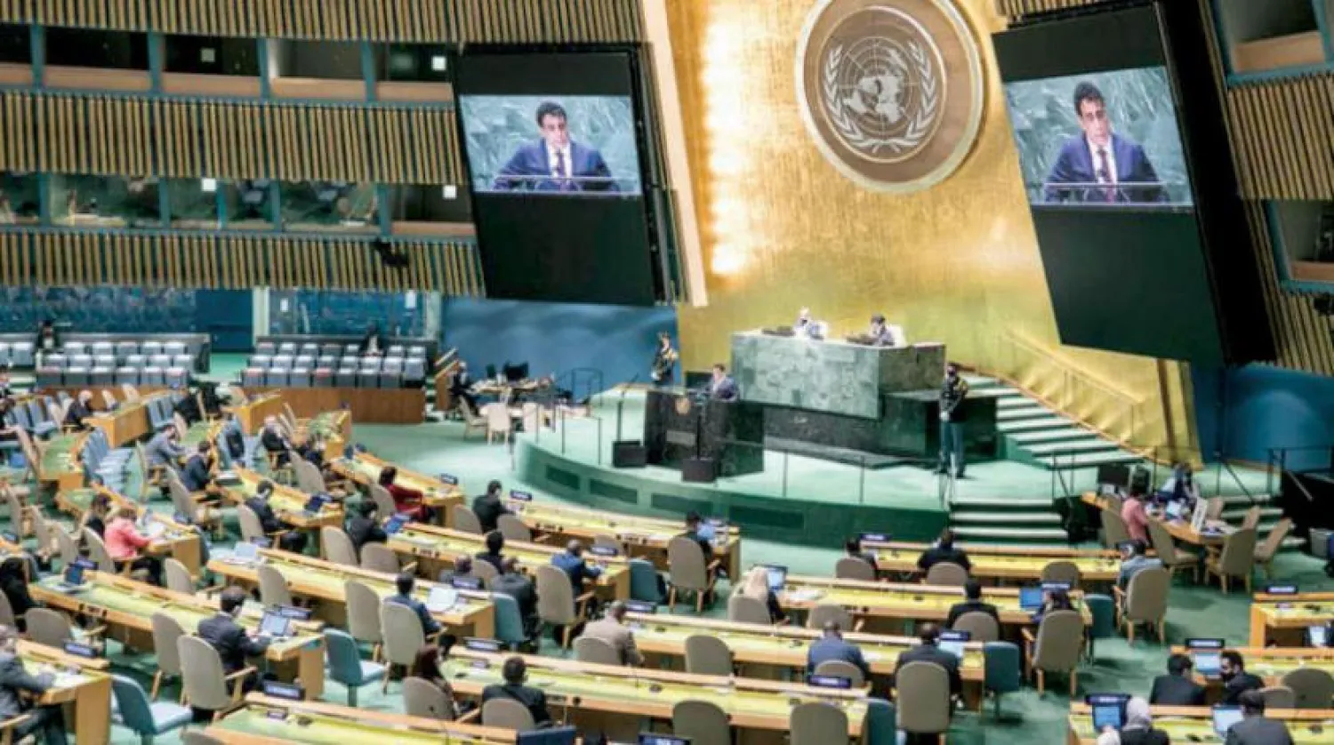 Libya Başkanlık Konseyi Başkanı Muhammed el-Menfi, geçtiğimiz Perşembe günü BM Genel Kurulu’nda iken (Başkanlık Medya Ofisi)