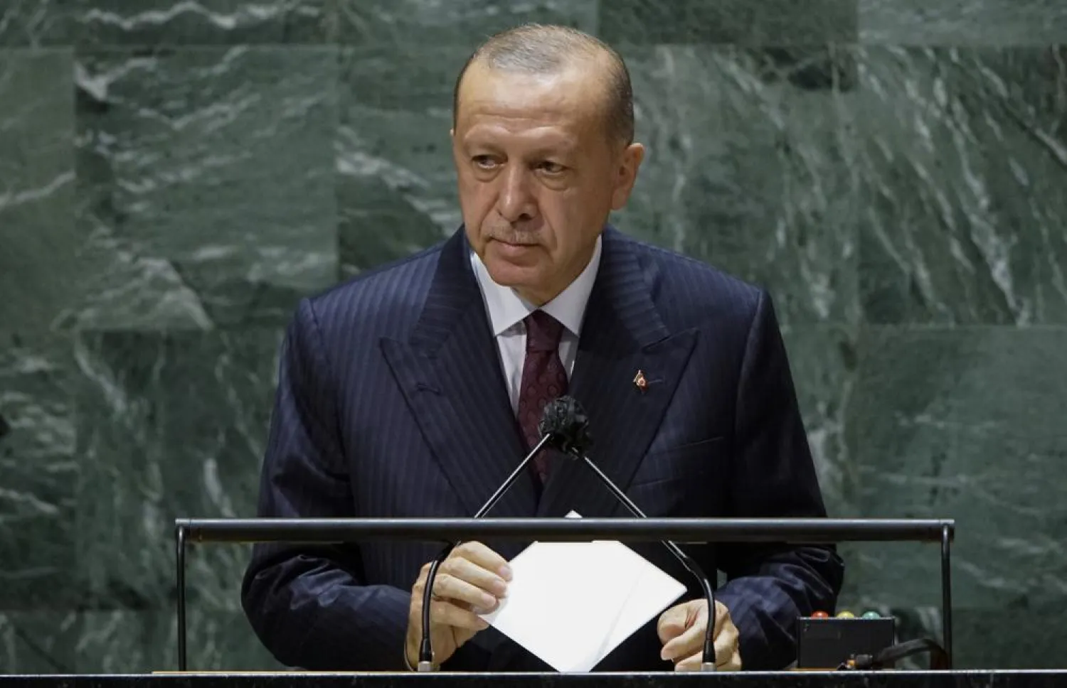 Turkish President Recep Tayyip Erdogan addresses the 76th Session of the United Nations General Assembly, Tuesday, Sept. 21, 2021 at UN headquarters. (Eduardo Munoz/Pool Photo via AP)
