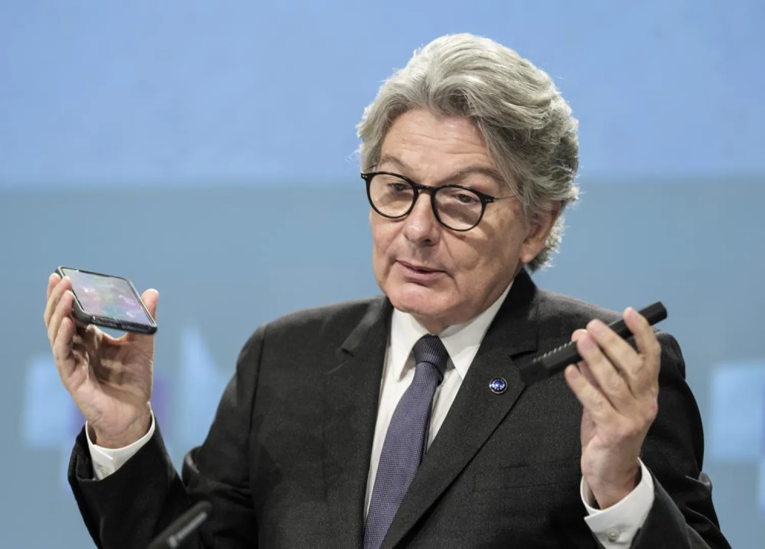 European Commissioner for Internal Market Thierry Breton speaks during a media conference on a common charging solution for mobile phones at EU headquarters in Brussels, Thursday, Sept. 23, 2021. (AP Photo/Thierry Monasse)
