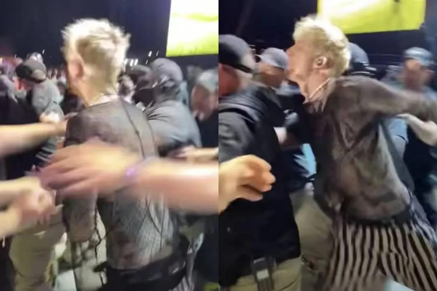 Louder Than Life Festivali'nde Machine Gun Kelly'nin güvenlik ekibiyle çevrili biçimde şarkı söylediği sırada kimliği belirsiz bir kişinin onu itmesinin ardından arbede yaşandı (YouTube/Tyler Oakes/Junkee)
