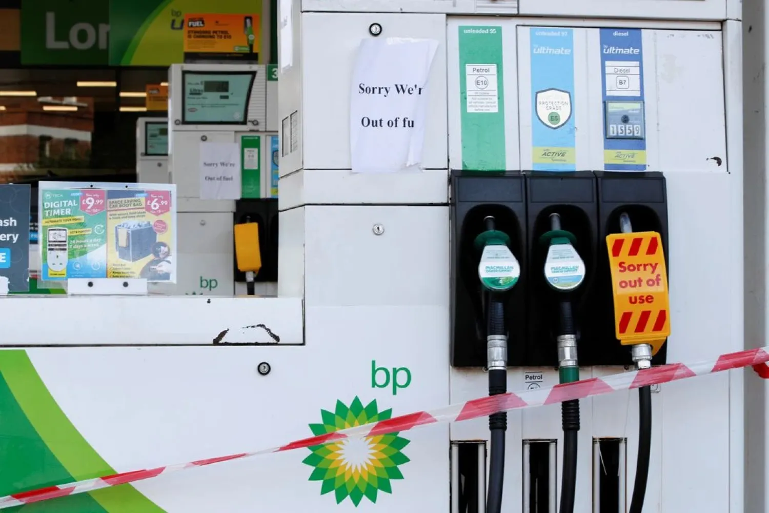A BP petrol station that has ran out of fuel is seen in London, Britain, September 26, 2021. (Reuters)