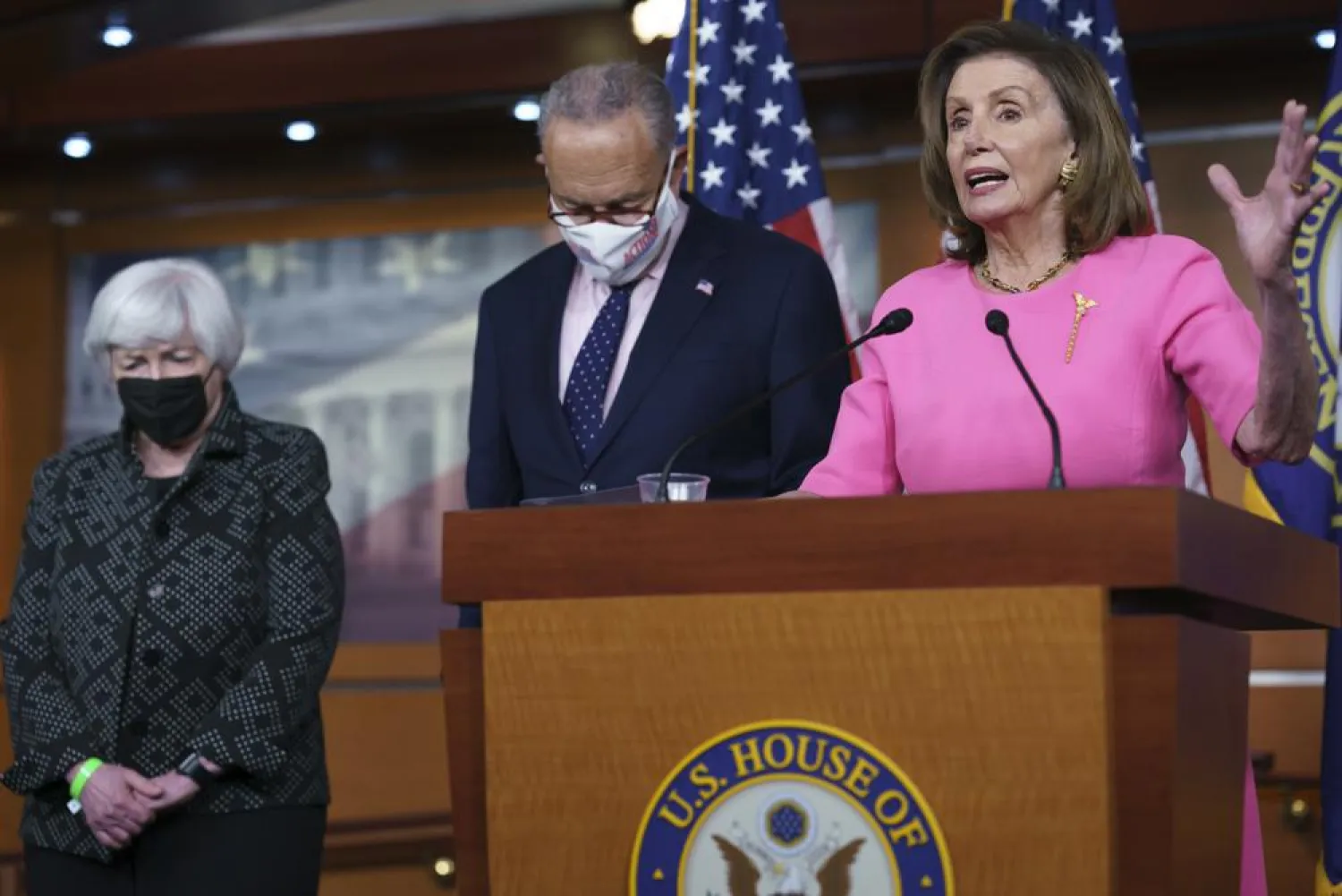 Speaker of the House Nancy Pelosi, D-Calif., right, Treasury Secretary Janet Yellen, left, and Senate Majority Leader Chuck Schumer, D-N.Y., update reporters on Democratic efforts to pass President Joe Biden's "Build Back Better" agenda, at the Capitol in Washington, Thursday, Sept. 23, 2021. (AP Photo/J. Scott Applewhite)

