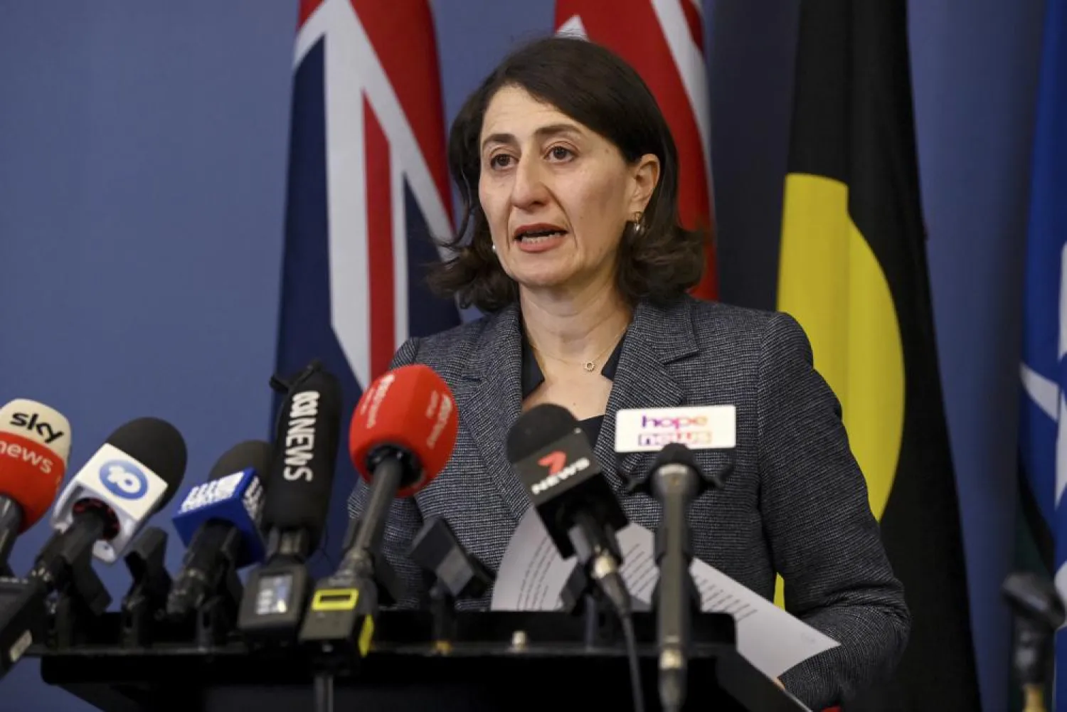 New South Wales Premier Gladys Berejiklian announces her resignation in Sydney, Friday, Oct. 1, 2021. (Bianca De Marchi/AAP Image via AP)
