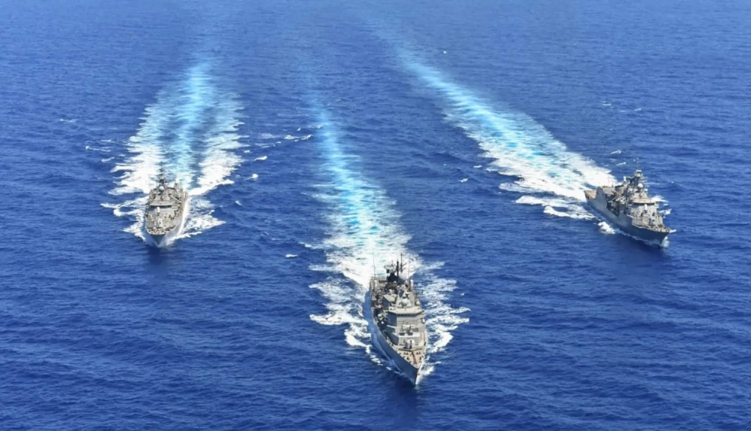 A handout photo released by the Greek National Defense Ministry Aug. 26, 2020, shows ships of the Hellenic Navy taking part in a military exercise in the eastern Mediterranean Sea, Aug. 25, 2020. (AFP)
