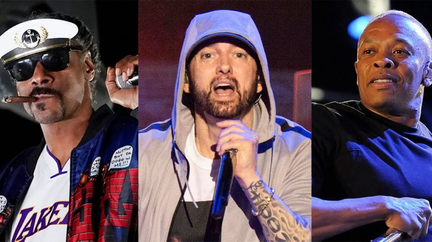 This combination of photos shows, from left, Snoop Dogg, Eminem and Dr. Dre. (AP)