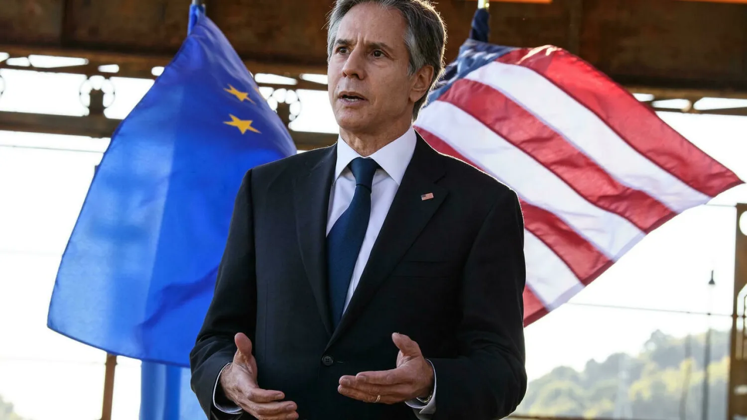 US Secretary of State Antony Blinken speaks to the press during US-EU trade talks in Pittsburgh ahead of a trip to Paris following tensions. (AFP)