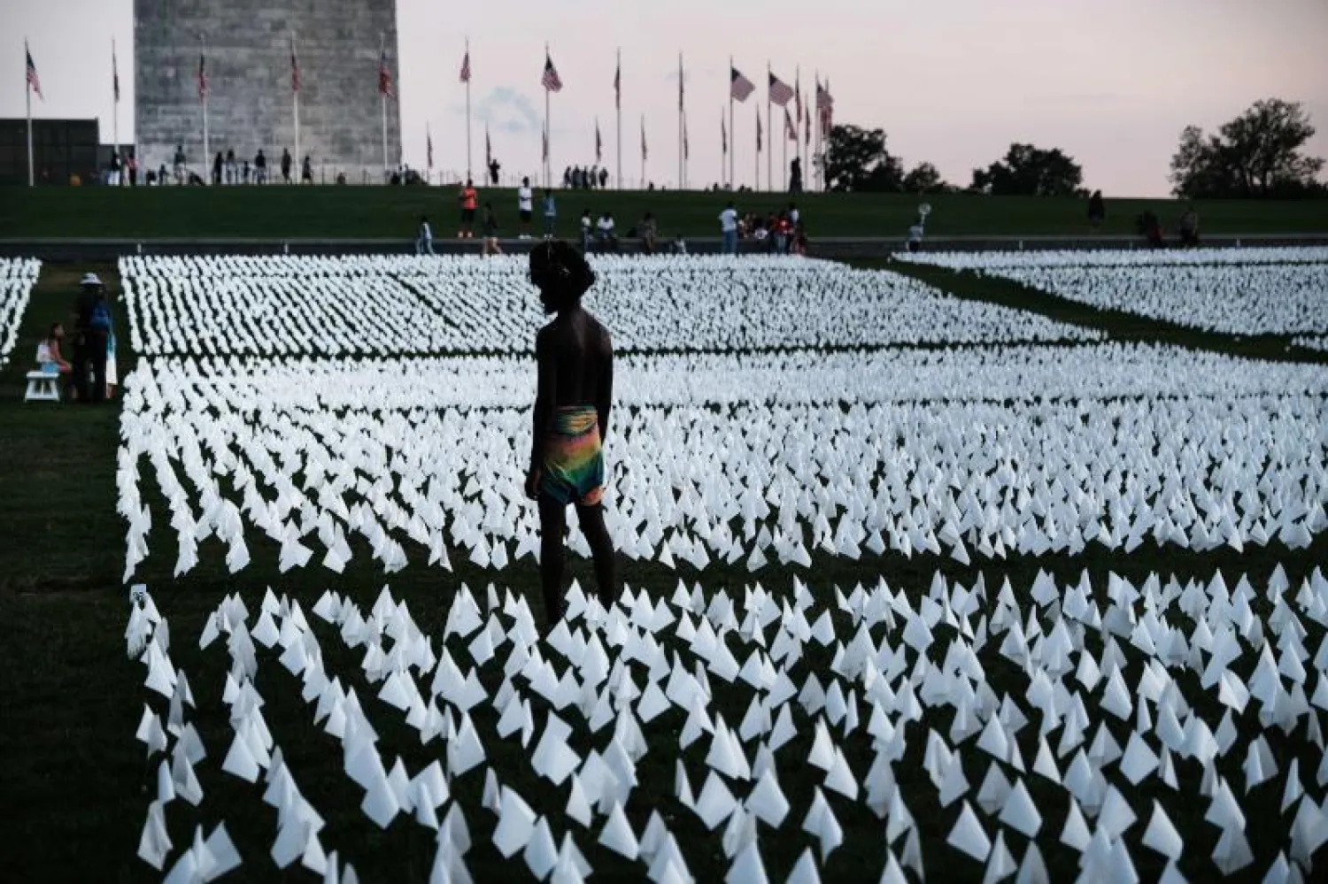 ما يزيد على 650 ألف علم أبيض على العشب أمام ناشيونال مول في واشنطن إحياء لذكرى الذين توفوا بكورونا في الولايان المتحدة (أ.ف.ب)