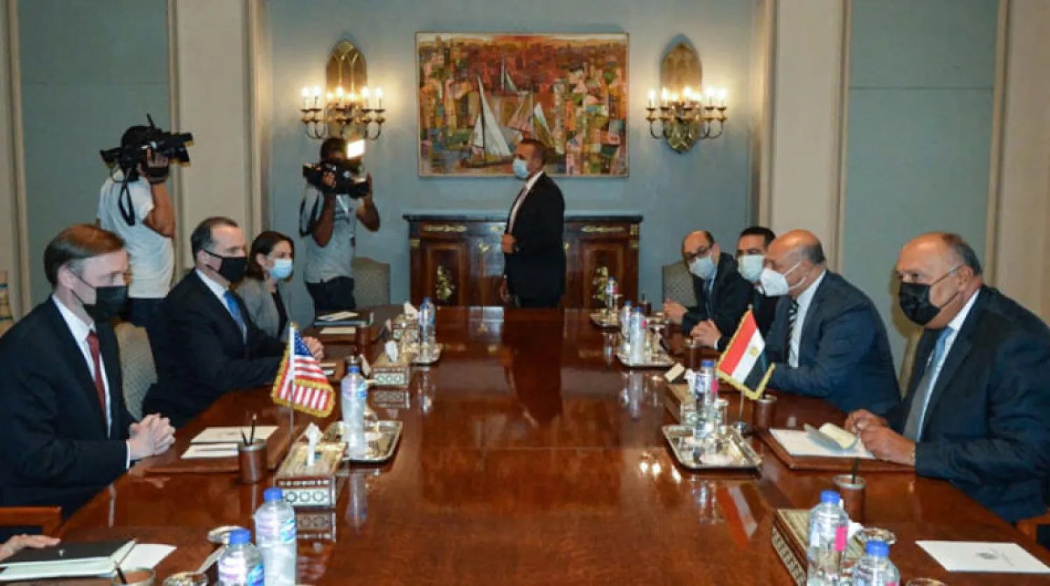 وزير الخارجية المصري سامح شكري خلال جلسة المباحثات مع الوفد الأميركي برئاسة جيك سوليفان الأربعاء الماضي (أ.ف.ب)