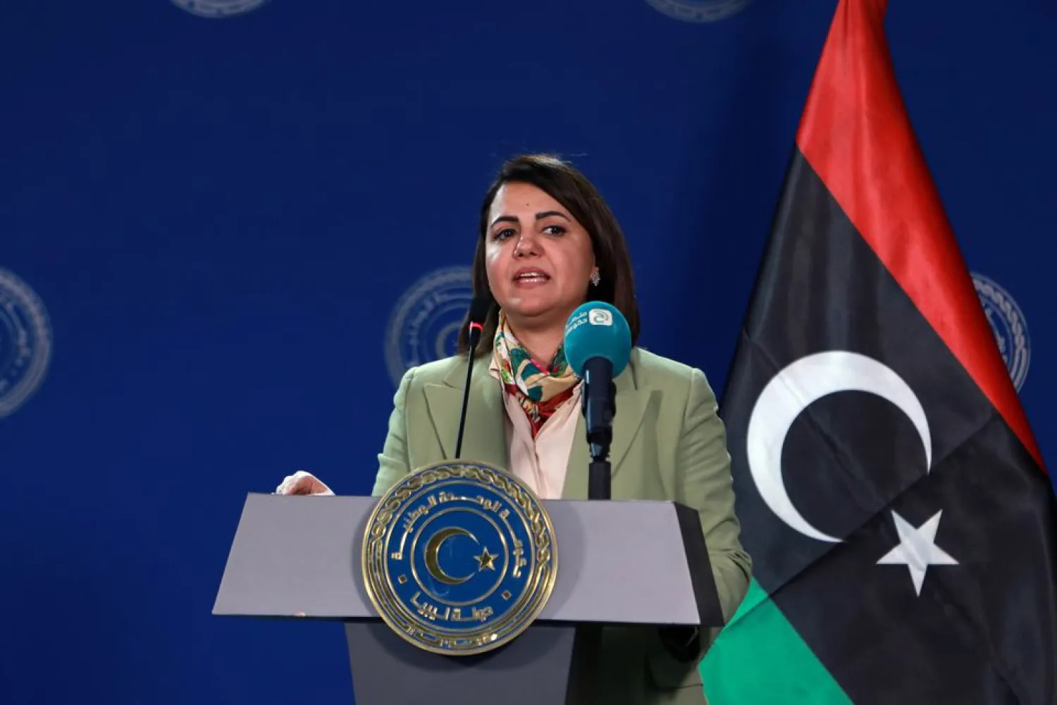 Libyan Foreign Minister Najla el-Mangoush speaks during a news conference with EU's head of foreign policy Josep Borell (not seen), in Tripoli, Libya September 8, 2021. REUTERS/Hazem Ahmed