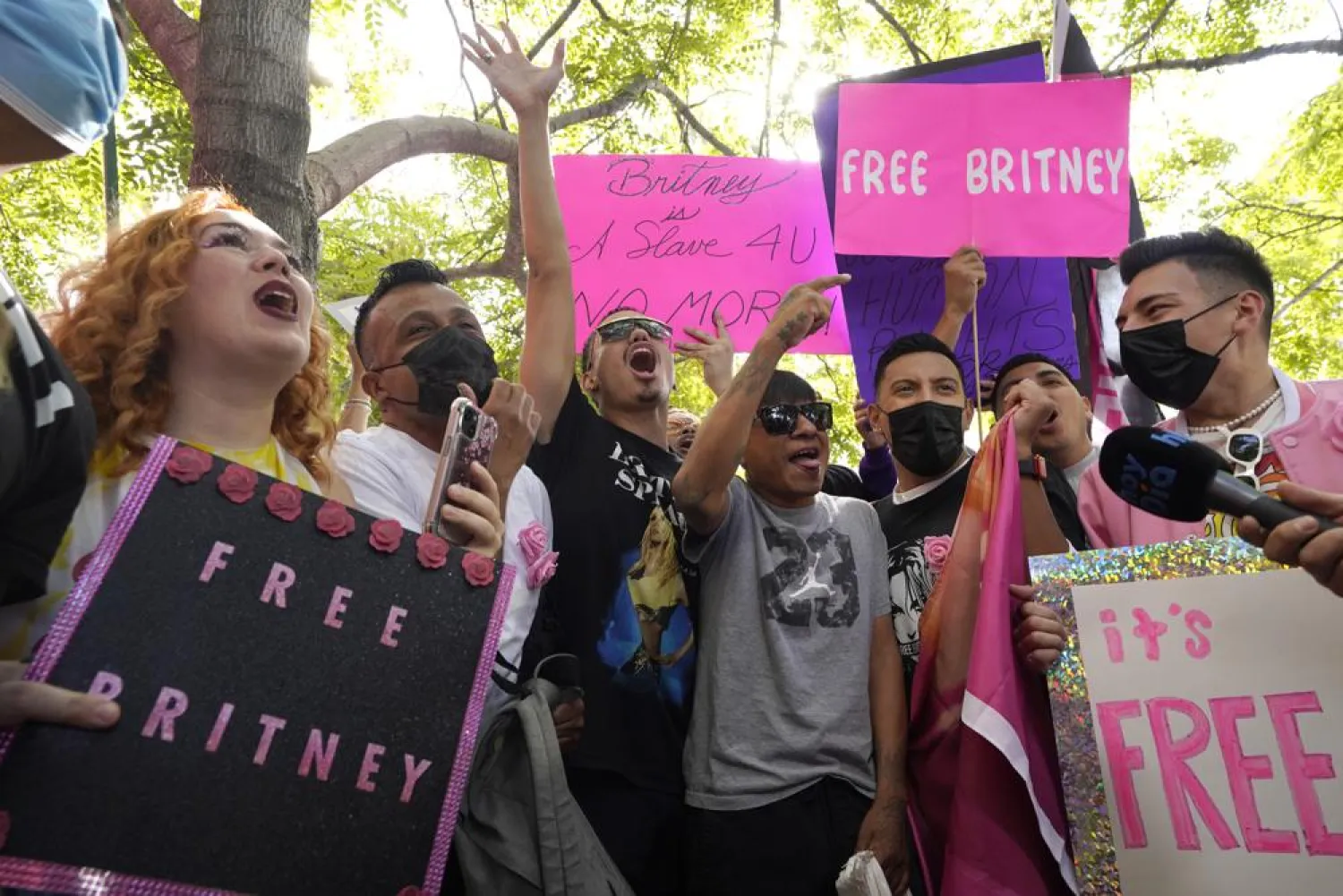 Britney Spears supporters celebrate outside the Stanley Mosk Courthouse, Wednesday, Sept. 29, 2021, in Los Angeles. (AP)