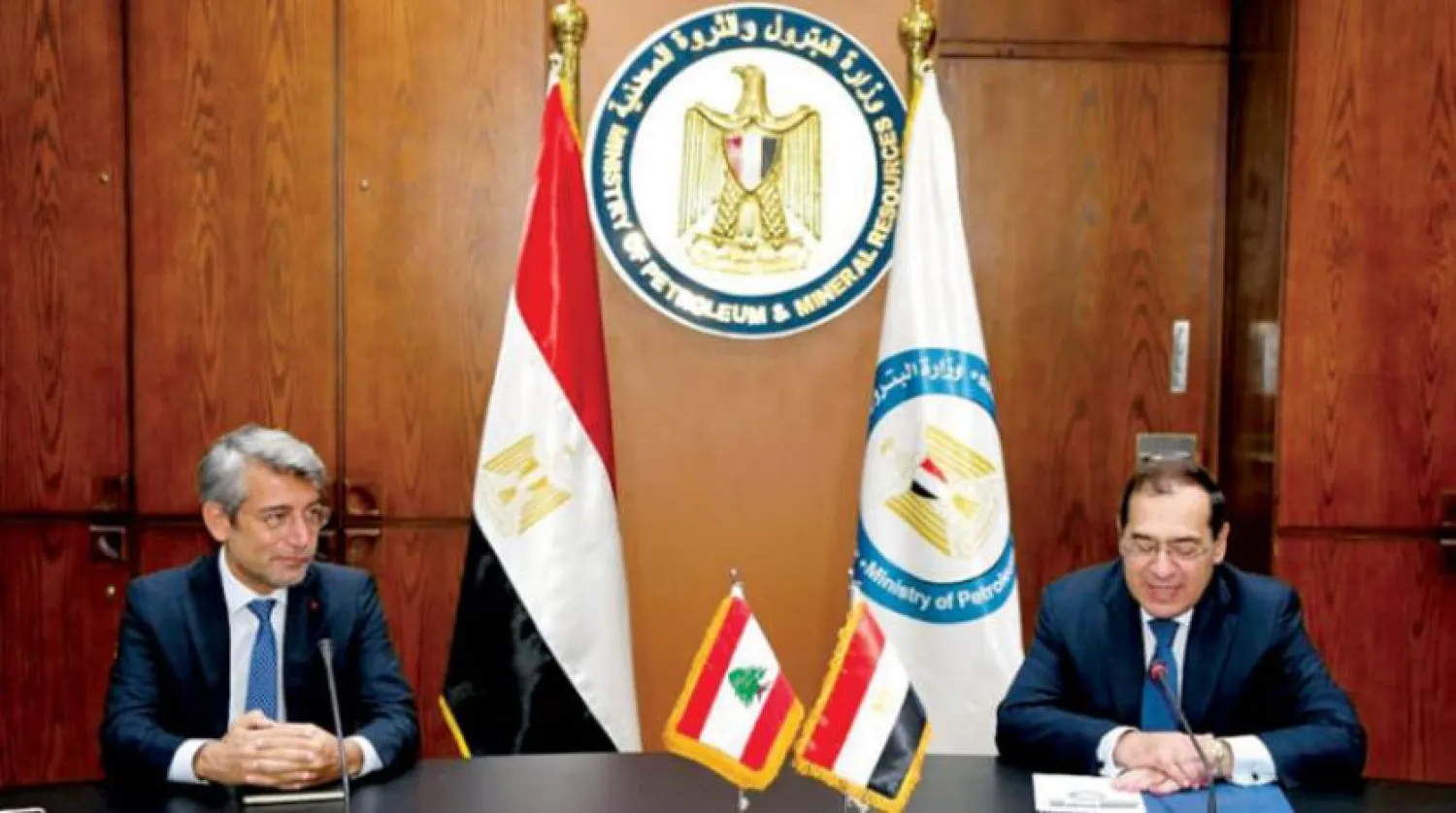  The Egyptian Minister of Petroleum and Mineral Resources and his Lebanese counterpart in Cairo on Monday. (Asharq Al-Awsat)
