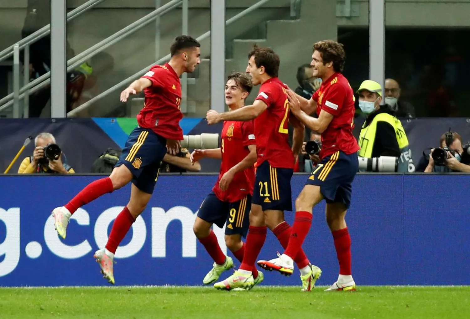 Spain’s Ferran Torres celebrates scoring their first goal against Italy. (Reuters)