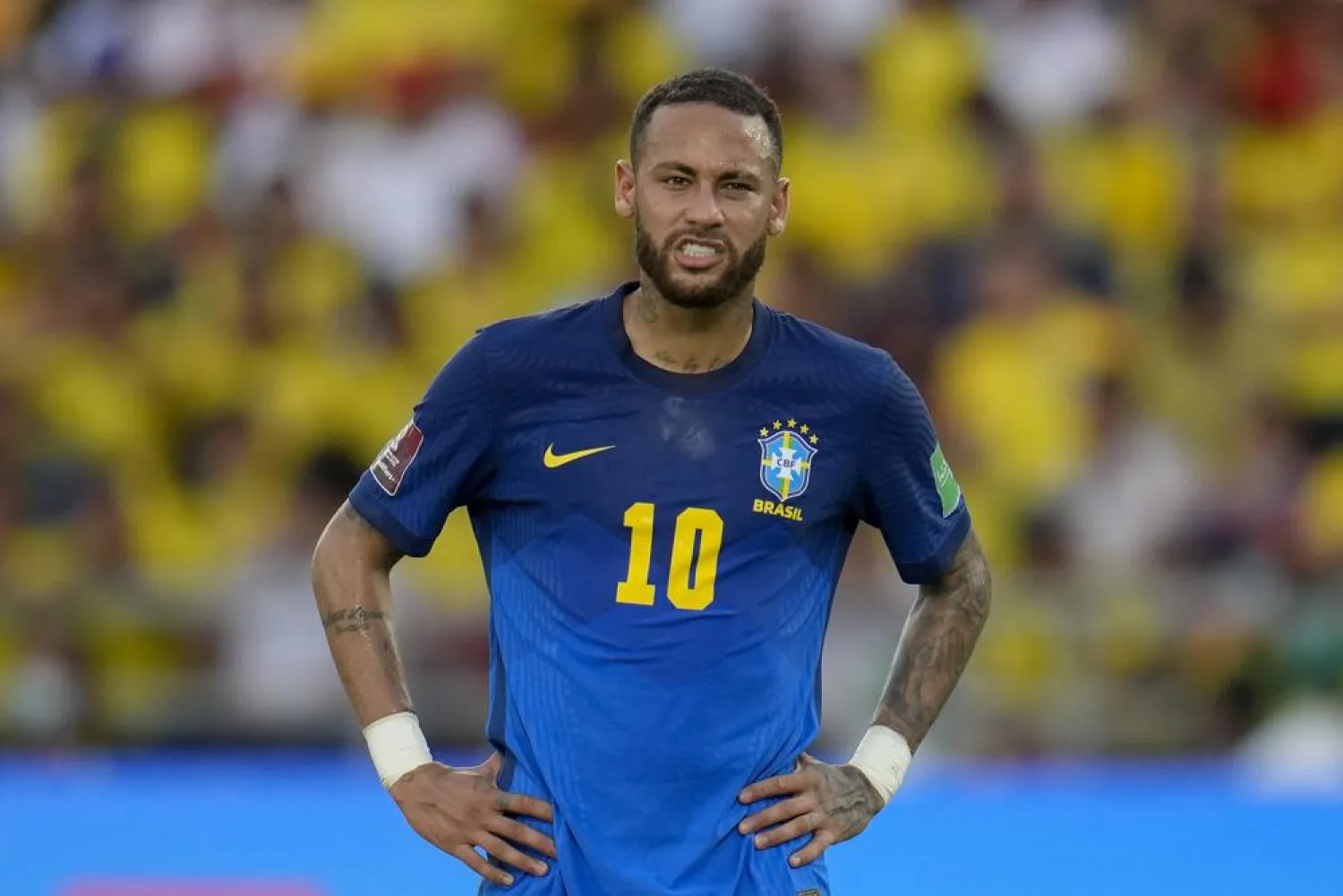 Brazil's Neymar gestures during a qualifying match for the 2022 World Cup against Colombia in Barranquilla, Colombia, Sunday, Oct. 10, 2021. (AP)