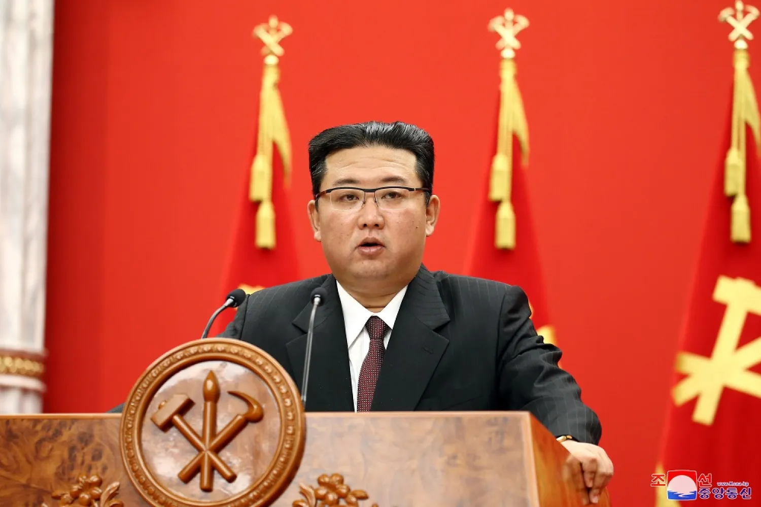 North Korean leader Kim Jong Un speaks during an event celebrating the 76th anniversary of the founding of the ruling Workers’ Party of Korea (WPK) in Pyongyang, North Korea, in this undated photo released on October 11, 2021 by North Korea's Korean Central News Agency (KCNA). KCNA/via Reuters