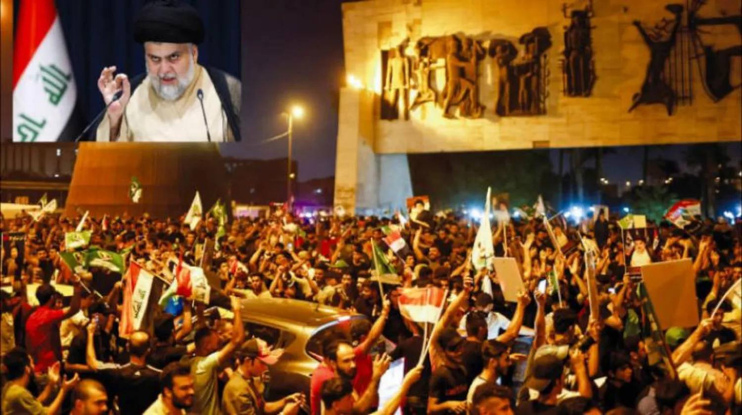 
حامیان جریان صدر دیروز پیروزی خود را در میدان التحریر بغداد جشن گرفتند.. در حاشیه تصویر مقتدی صدر در حال سخنرانی (رویترز)
