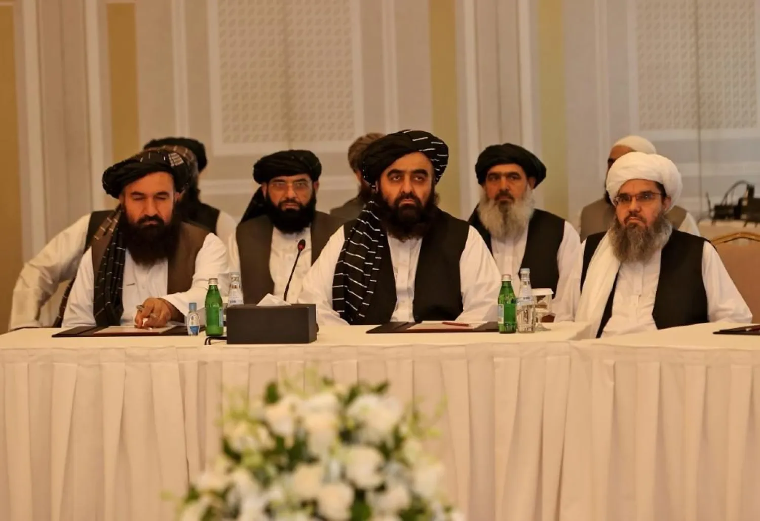 The Taliban delegation sits down for talks in Qatar with EU and US envoys. (AFP)