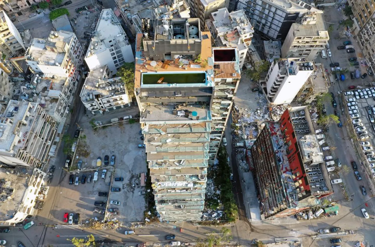 A view shows damaged buildings in the aftermath of a massive explosion in Beirut's port area, Lebanon August 13, 2020. Picture taken with a drone. REUTERS/Bader Helal