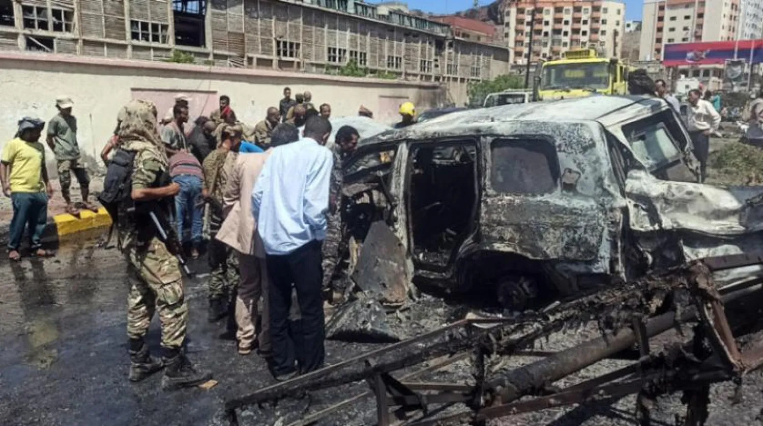 The site of a car bomb explosion targeting a convoy of officials in the city of Aden last Sunday (EPA)