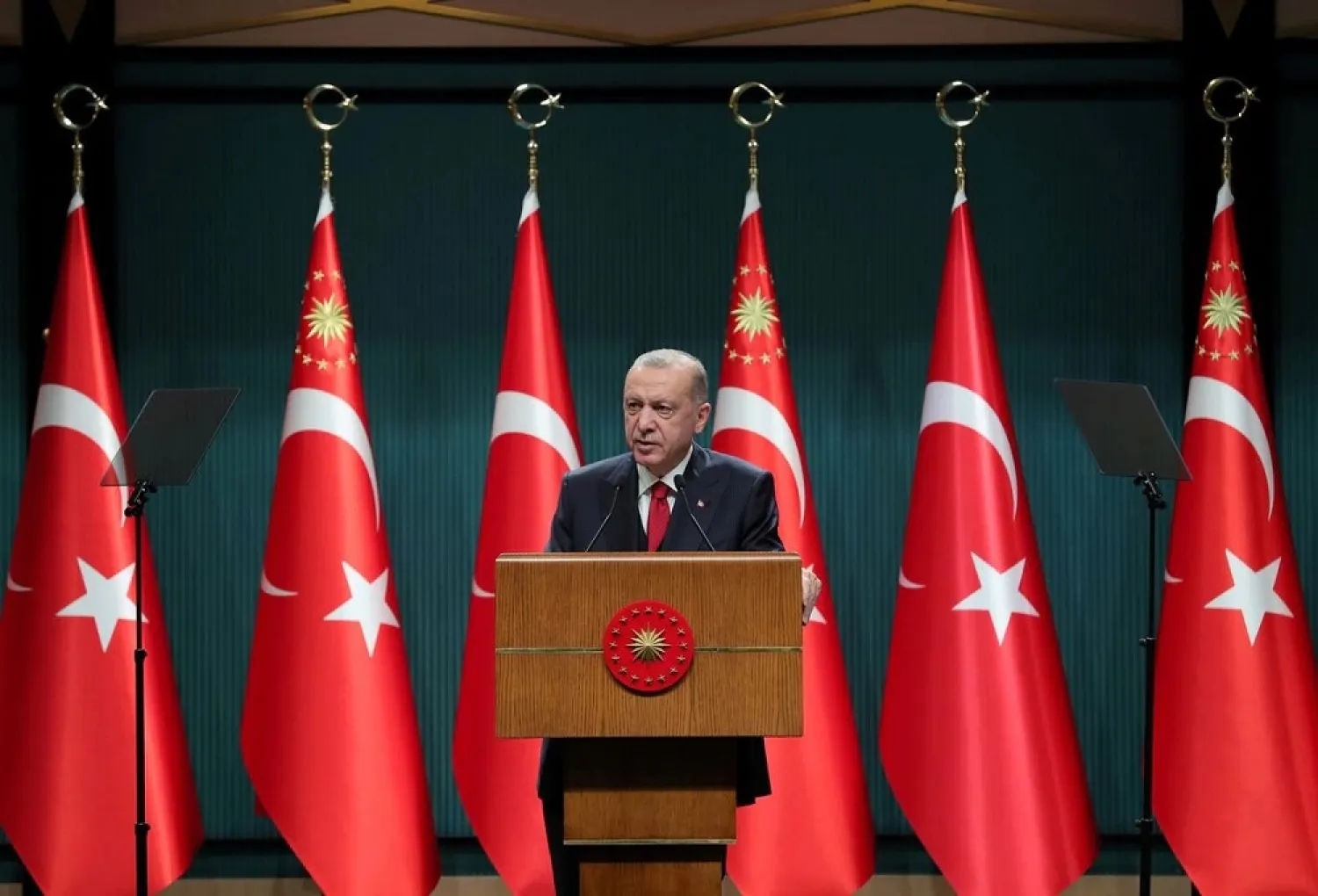 Turkish President Recep Tayyip Erdogan speaks during a news conference following a cabinet meeting in Ankara, Turkey October 11, 2021. Presidential Press Office/Handout via Reuters