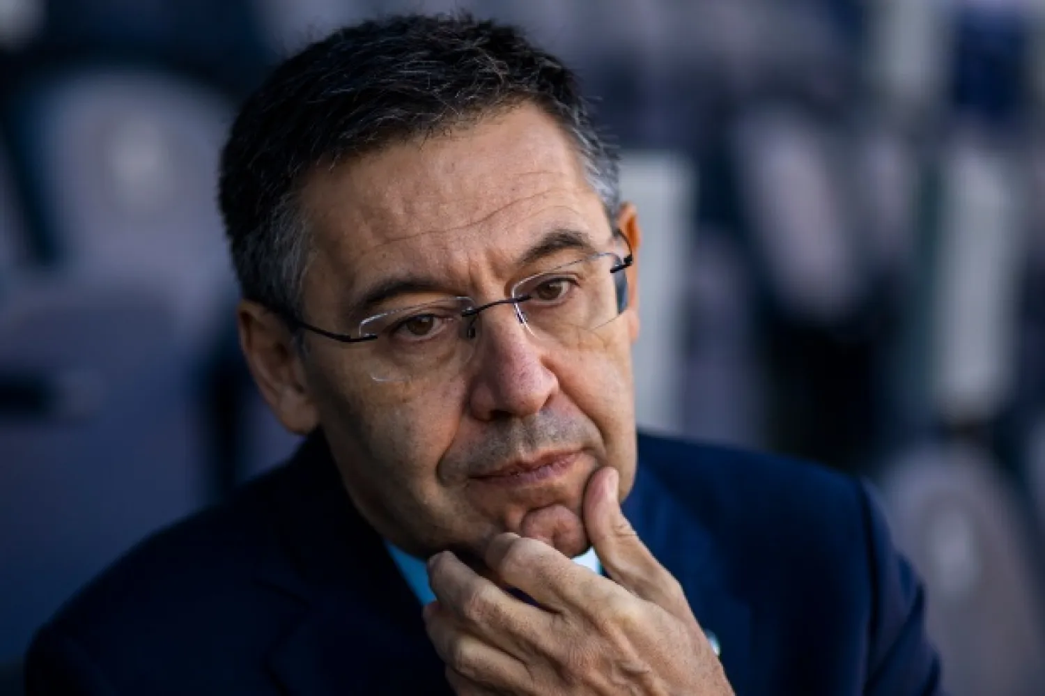 FILE - In this Nov. 8, 2019, file photo, President of FC Barcelona Josep Bartomeu pauses during and interview with the Associated Press at the Camp Nou stadium in Barcelona, Spain.  (AP Photo/Emilio Morenatti, File) 