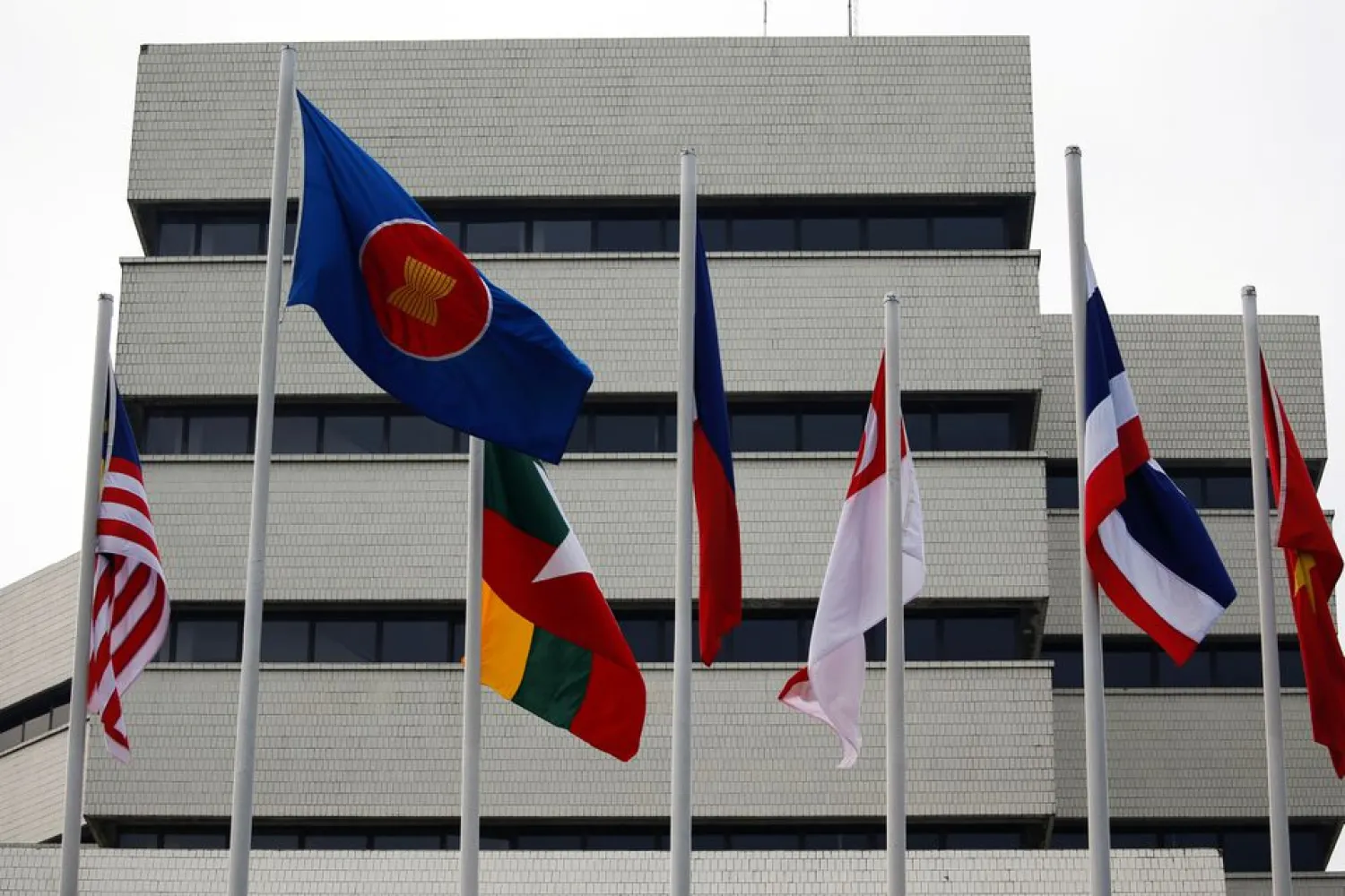 Flags are seen outside the Association of Southeast Asian Nations (ASEAN) secretariat building, ahead of the ASEAN leaders' meeting in Jakarta, Indonesia, April 23, 2021. (Reuters)
