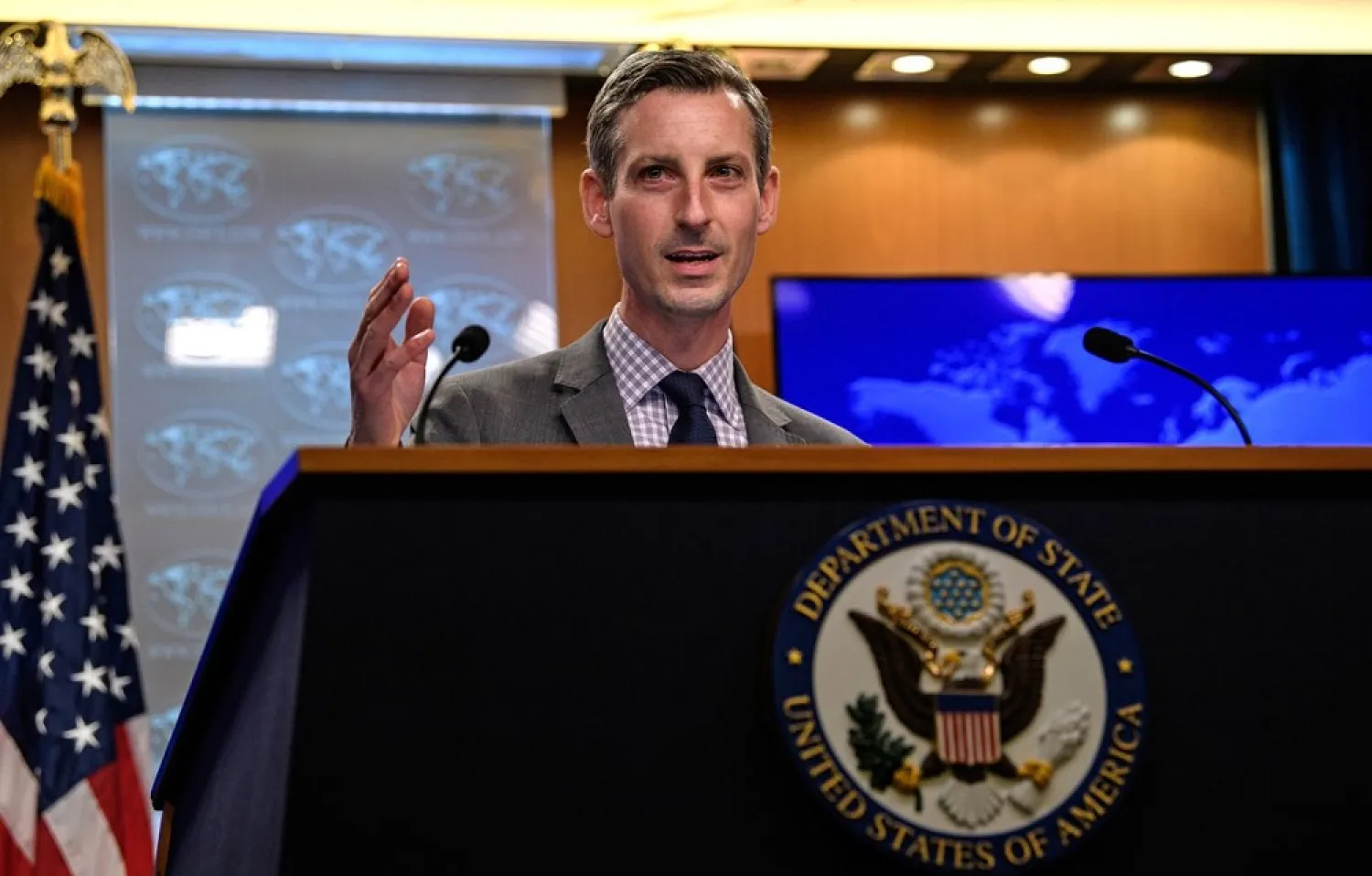 US State Department spokesman Ned Price gestures as he speaks during the daily press briefing at the State Department in Washington, DC, US February 25, 2021. (Reuters)