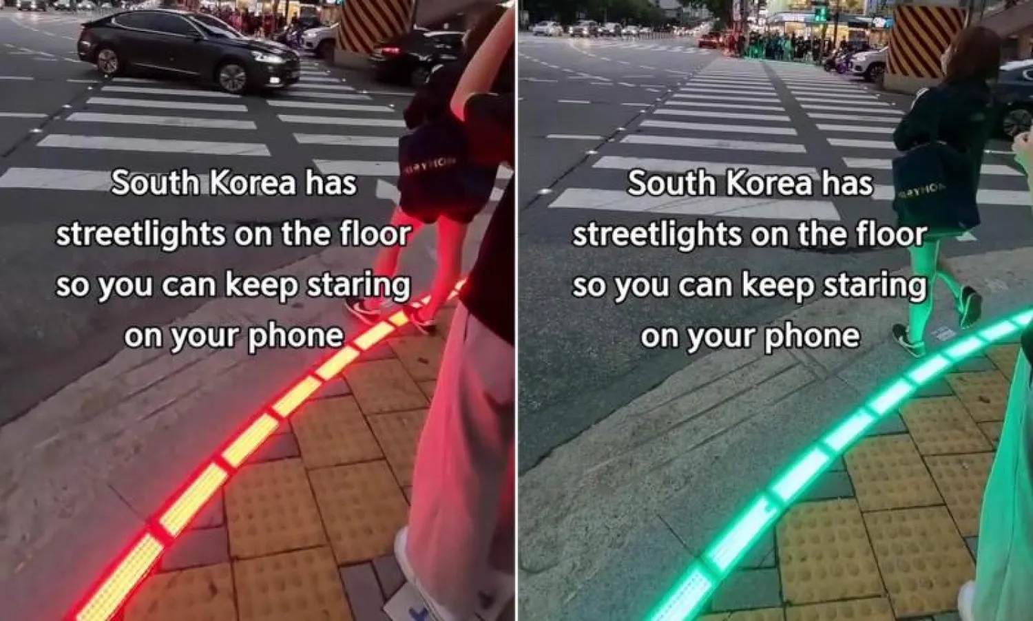 لقطة من الفيديو الذي تم نشره على «تيك توك» الذي يظهر «إشارات المرور الأرضية» في سيول (ديلي ميل)