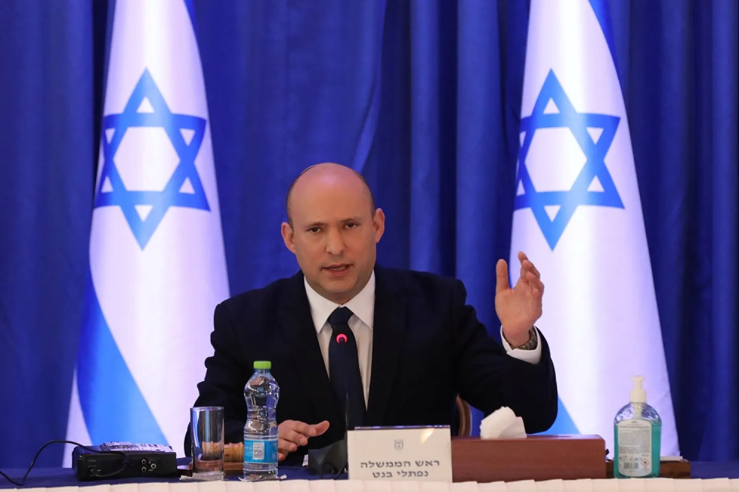 Israeli Prime Minister Naftali Bennett attends a cabinet meeting at the Ministry of foreign affairs offices in Jerusalem, September 12, 2021. (Reuters)
