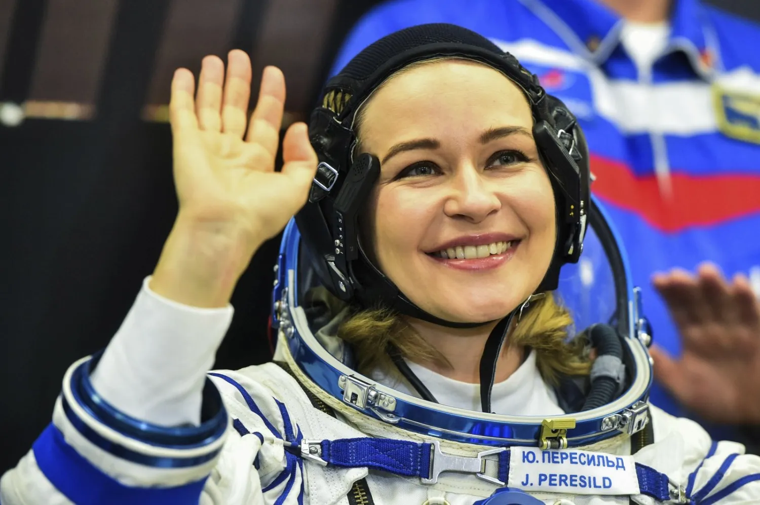 Actress Yulia Peresild waves prior to her launch to the
International Space Station (ISS) at the Russian leased Baikonur
cosmodrome, Kazakhstan, Oct. 5, 2021. (Roscosmos Space Agency via AP)