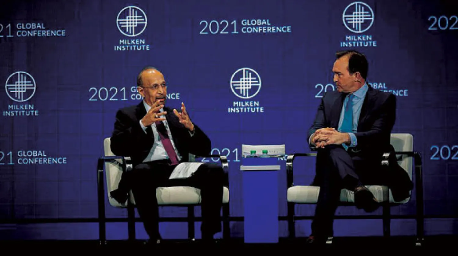 وزير الاستثمار السعودي خلال مشاركة له في معهد ميلكن بلوس أنجليس أمس (الشرق الأوسط)