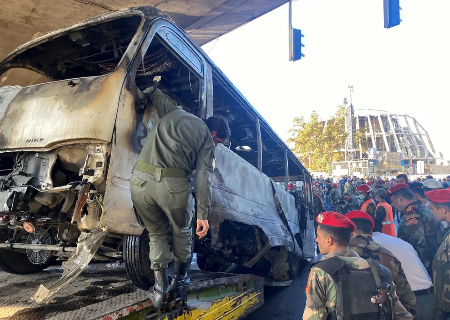 Security forces inspect the site of an explosion in central Damascus, Syria October 20, 2021. (Reuters)