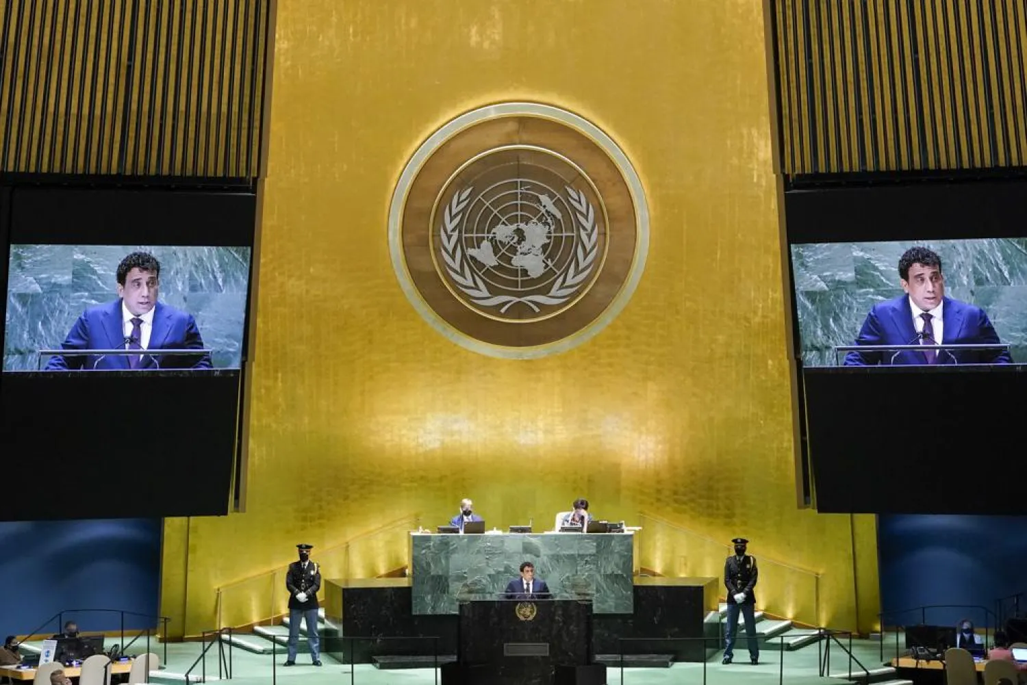 Libya's President Mohamed Younis Menfi addresses the 76th Session of the United Nations General Assembly, Thursday, Sept. 23, 2021 at UN headquarters. (AP Photo/Mary Altaffer, Pool)
